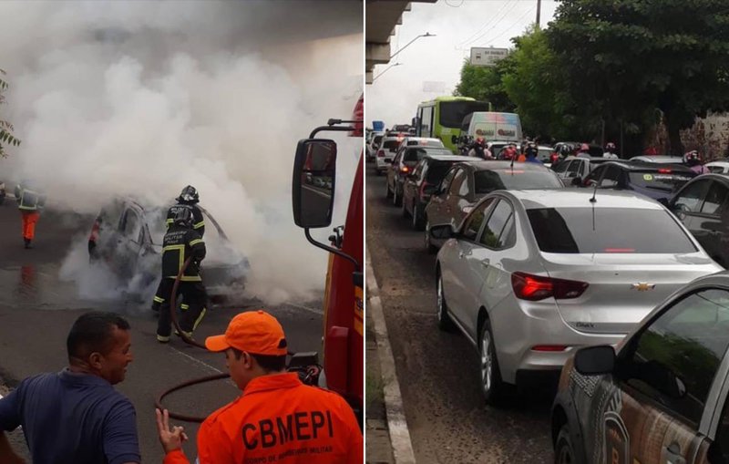 Carro pega fogo e interdita duas faixas de trânsito na Avenida Maranhão