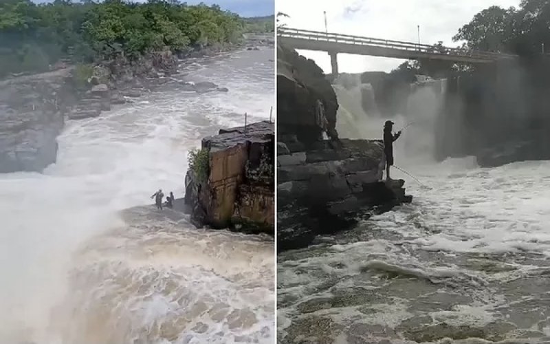 V Deo Homens Se Arriscam Em Pescaria Sobre Pedras Em Cachoeira No