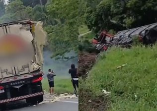 Acidente entre duas carretas e dois carros interdita parcialmente a BR-116 após veículo tombar em barranco