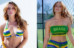 Paolla Oliveira posa de biquíni em clima de Copa do Mundo.