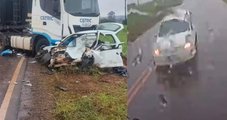 Vídeo mostra momento exato de tragédia que matou duas pessoas após carro invadir pista e bater em carreta