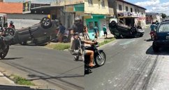 Carro capota após motorista perder controle ao passar por trilhos do metrô em Teresina