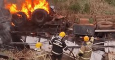 Motorista morre carbonizado após carreta pegar fogo em GO
